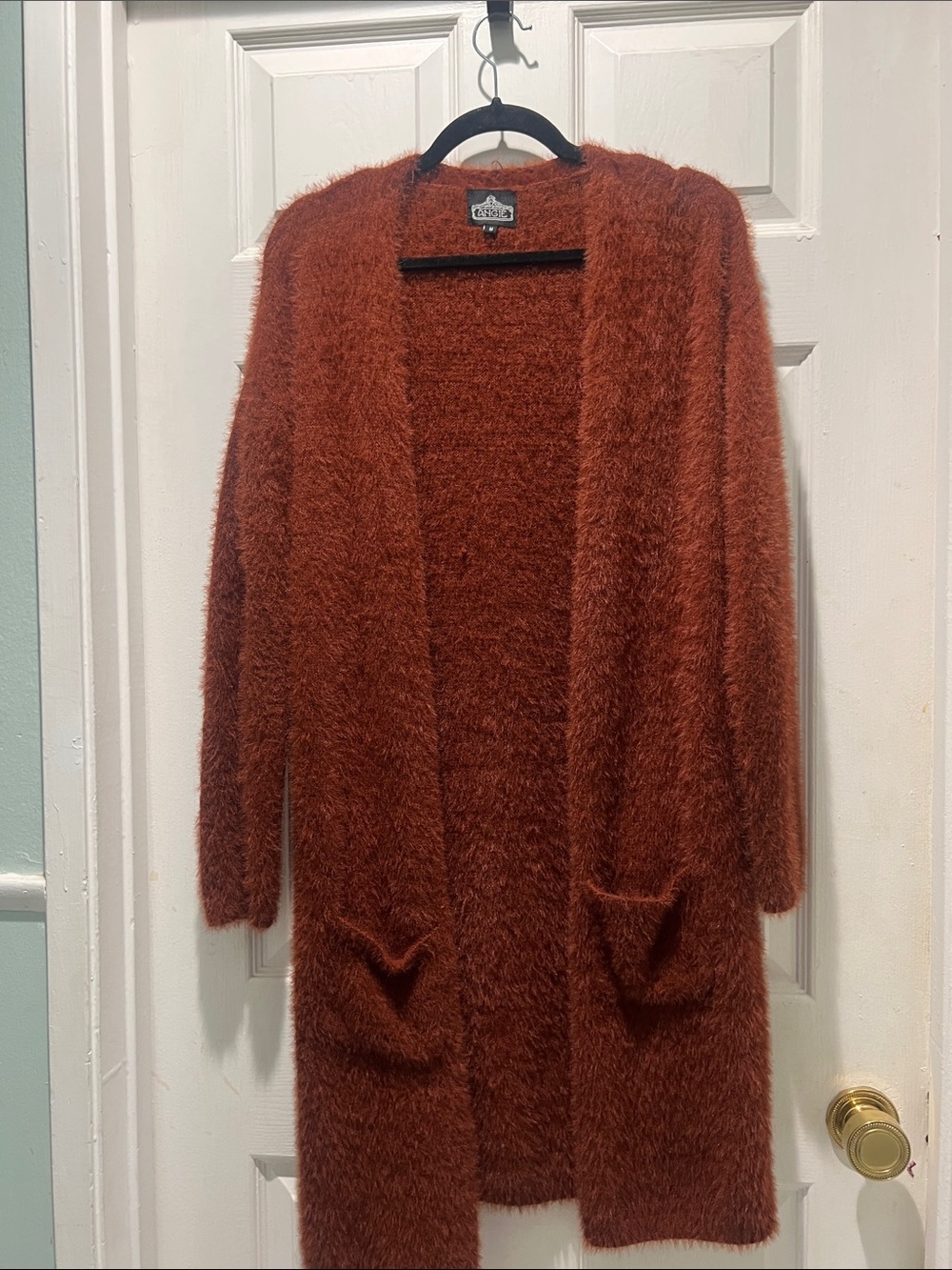 Angie Long Open-Front Fuzzy Cardigan in Rust